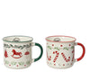 Lot de 2 mugs de Noël en porcelaine décorée avec anse et bord coloré